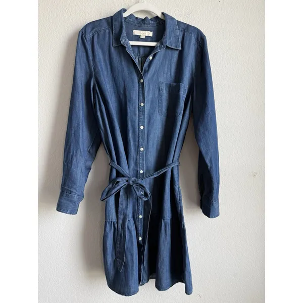 LOFT Chambray Flounce Shirt Dress Tie Waist Long Sleeve Blue Women Large Coastal - Image 12