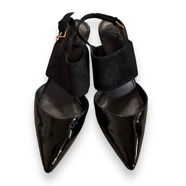 Tory Burch Ashton Black Suede‎ Leather Slingback Kitten Heel Sandal Pumps Sz 9 - Image 3