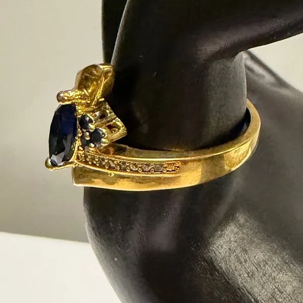 Gold Tone Marquise Blue Sapphire Cluster Ring Size 8 Statement Cocktail - Image 2