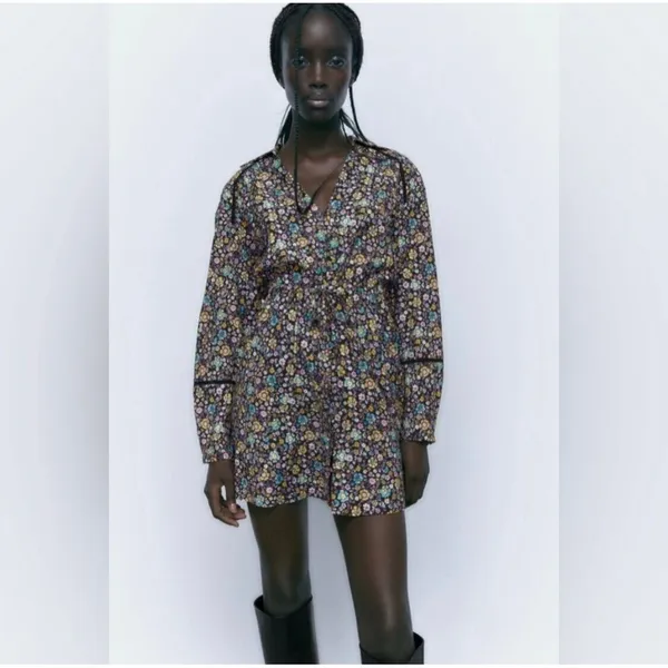 Zara Dress Womens Size Large Black‎ Floral Long Sleeve V Neck Mini New - Image 10