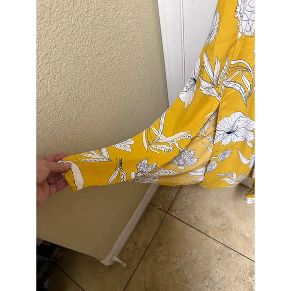 Code Mode NWT XS Mustard Yellow Floral Maxi Dress Off Shoulder Smocked Boho Slit - Image 7