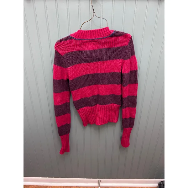 Y2K American Eagle Womens Pink Purple Striped V-Neck Chunky Knit‎ Sweater Small - Image 3