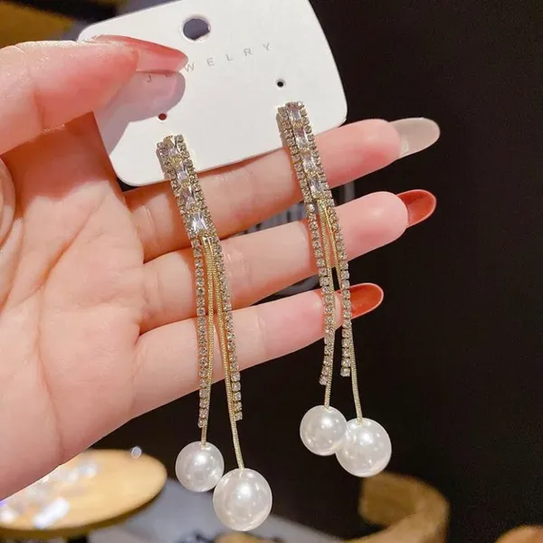Women’s White Pearl Tassel Dangle Drop Earrings Gold - Image 2