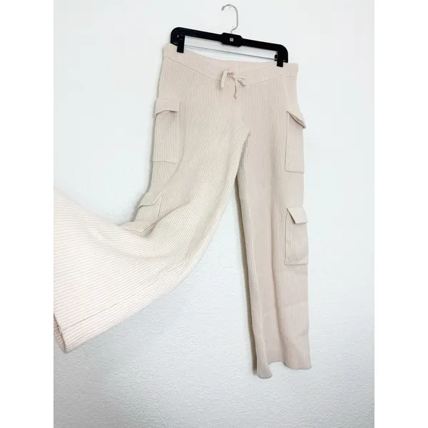Edikted Wynter Knit Cargo Pants Size Medium Cream Ribbed Wide Leg Loungewear - Image 11