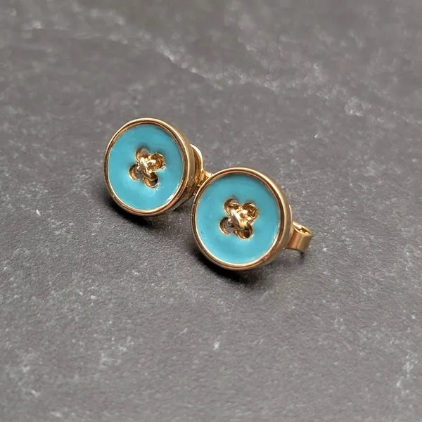 Vintage Clip On Earrings Turquoise Tone & Gold Tone Button Design - Whimsical - Image 3
