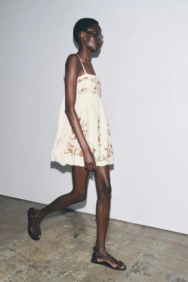 Zara Cream Floral Embroidered Spaghetti-Strap Mini Bohemian Dress - Image 7