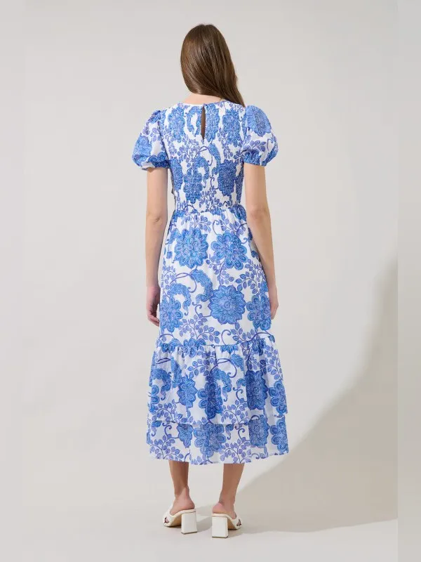 Sugar Lips Blue White Floral Puff Sleeve Smocked Midi Dress Pockets Cotton Cottagecore NEW - Image 4