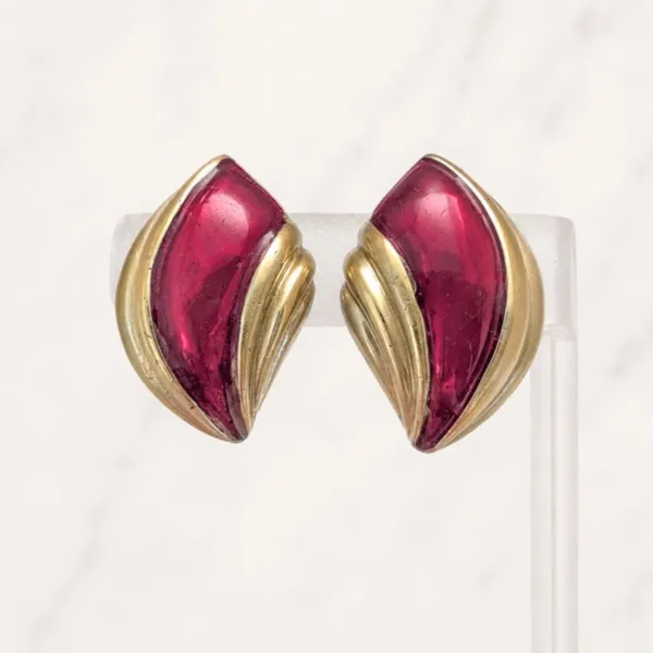Vintage Clip On Earrings 1.5" Extra Large Red & Gold Tone - Fair Condition - Image 2