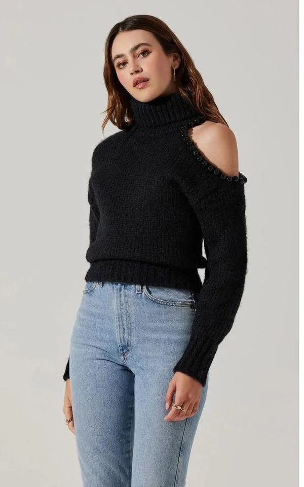 Astr The Label‎ Sz Small Lynn Embellished Cold Shoulder Turtleneck Sweater New - Image 5