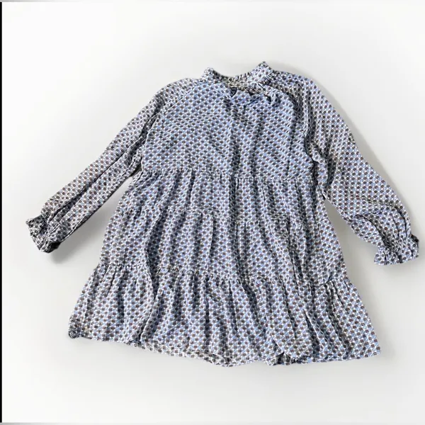 Karlie Tiered Mini Dress Long Sleeve Ruffle Neck Geometric Print Large - Image 7