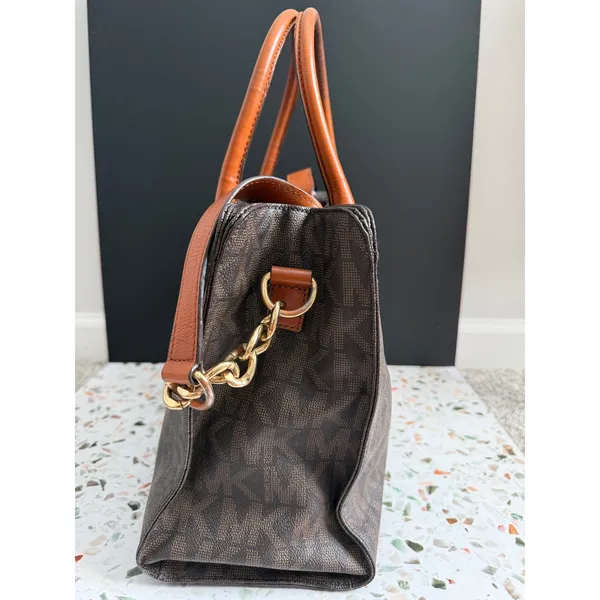 Michael Kors Hamilton Satchel Brown Logo PVC Leather Preppy Classic Tote Bag - Image 14