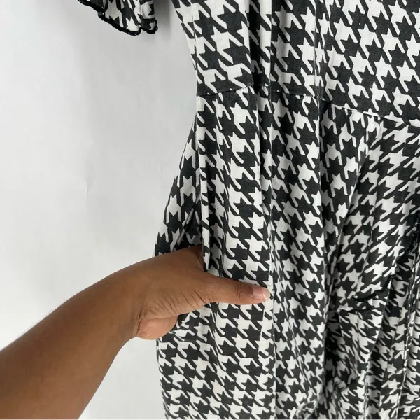 Passion Lilie Houndstooth Cotton Black White Ruffle Hem Mini Wrap Dress Size XL‎ - Image 12