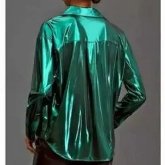 Anthropologie L Green Blouse Anthropologie The Gillian Liquid Shine Buttondown - Image 3