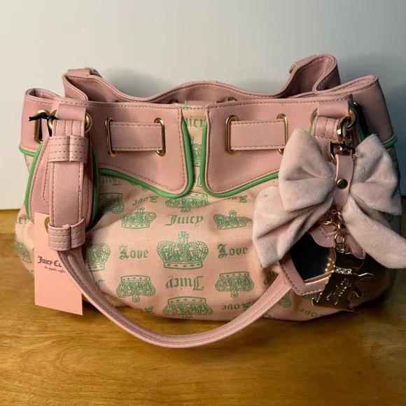 Juicy Couture Crown Love Tote Blush Pink Green Bow Charm NWT - Image 3