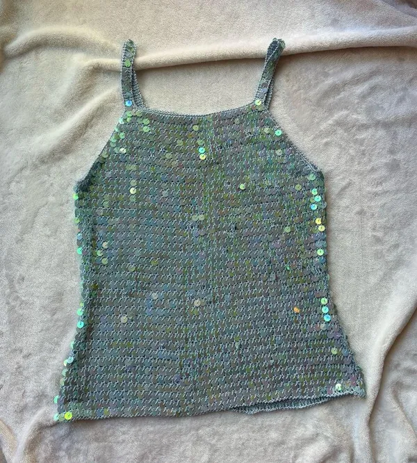 Vintage Blue Sequin Embellished crochet knit cami Tank Top - Image 3
