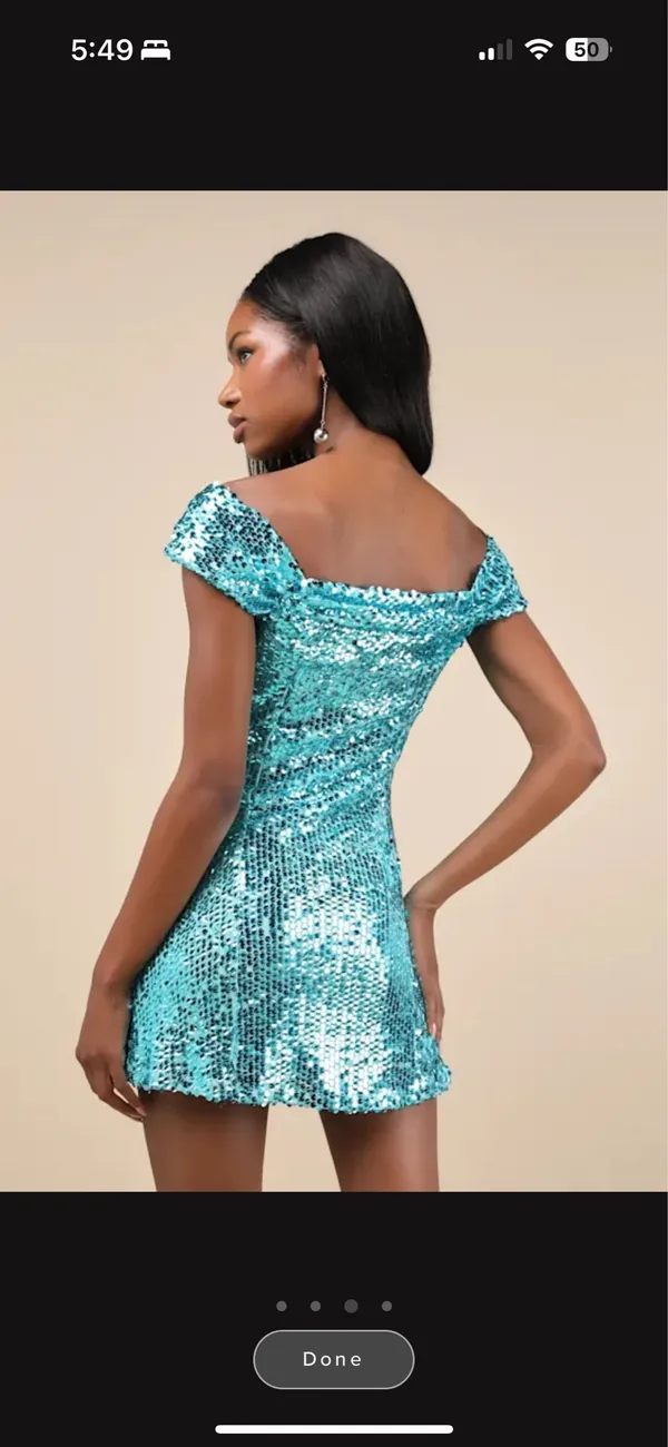 Glittering Nights Aqua Blue Sequin Off-the-Shoulder Mini Dress - Image 4