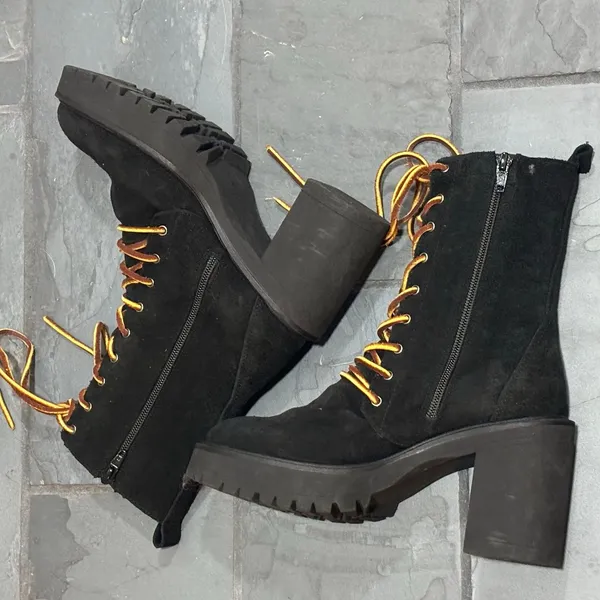 Free People Dylan Black Suede Chunky Heel Lace Up Boots - size 36 (US 6) - Image 6