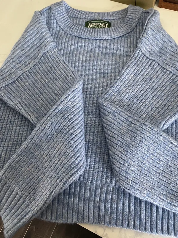 American Eagle Chunky Sweater Baby Blue Long Sleeve Short Cozy - Image 2