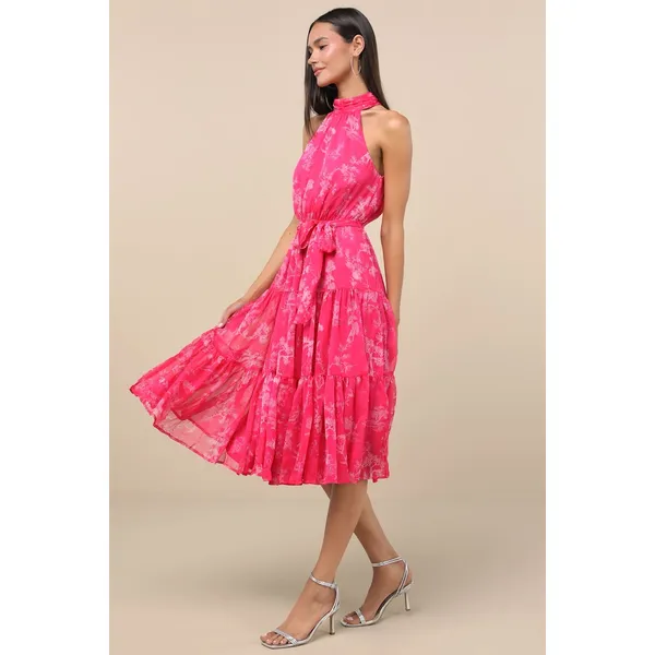 NWT Lulus Float to You Hot Pink Floral Print Halter-Neck Tiered Midi Dress Sz M - Image 3