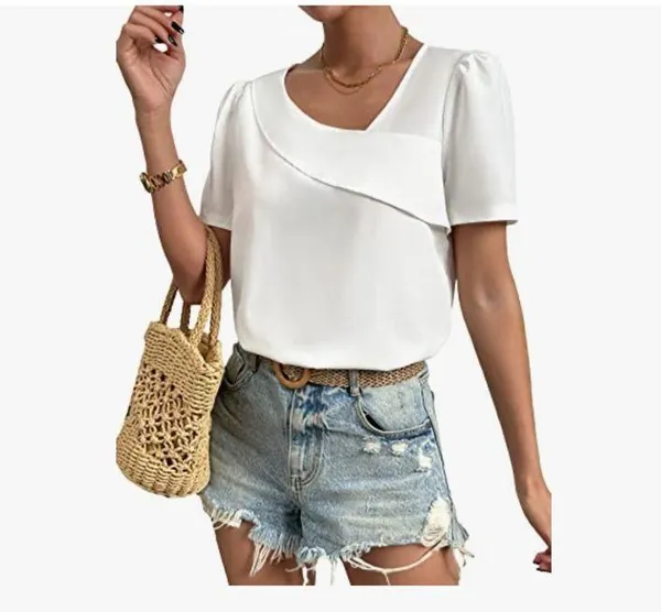 NEW Elegant Asymmetrical Neck Puff Sleeve Blouse Short Sleeve Blouse Top M - Image 3