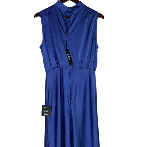 NWT Lulus Classic Elegance Satin Sleeveless Mock-Neck Slit Maxi Dress Large Blue - Image 7