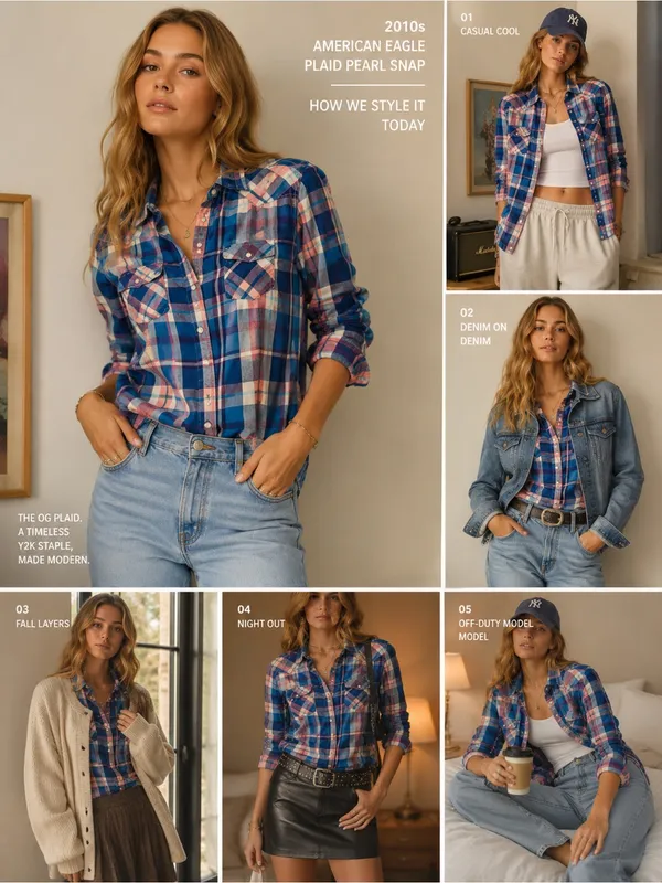 American Eagle Plaid Flannel Snap Button Front Shirt Blue Pink Women's Small - Image 2