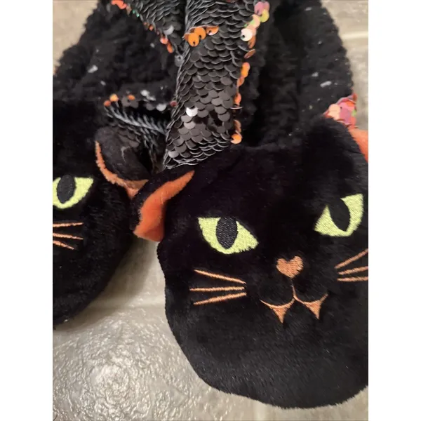 Hyde and EEK Women's Cat Flip Sequin Halloween Slipper Socks Grippers M-L 8-10 - Image 4