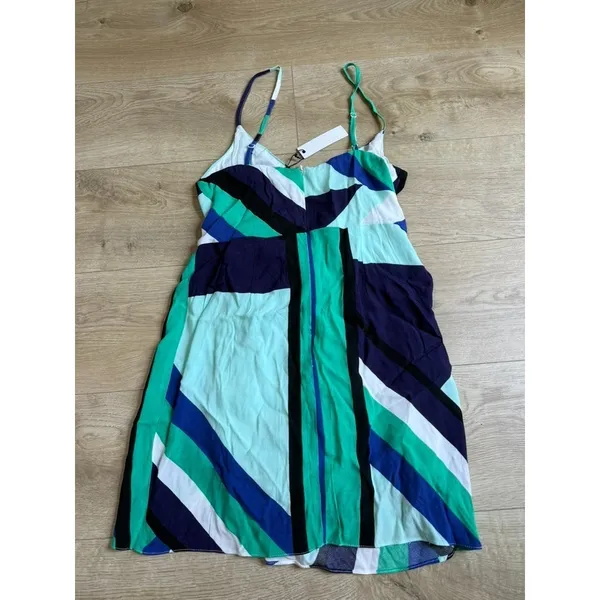NWT Womens Olivaceous side tie mini dress geometric blue green patterned size M - Image 2