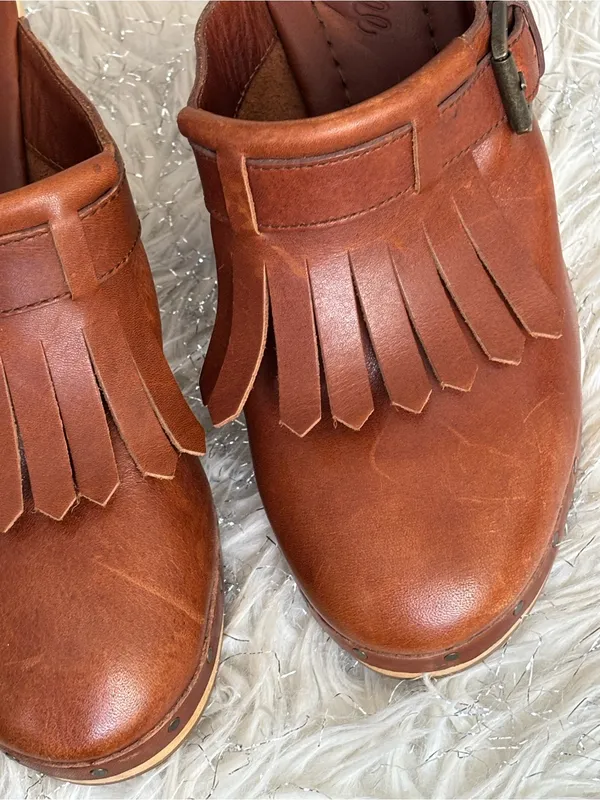 Madewell Brown Women’s Leather Fringe Mule Clogs Wooden Block Heels Size 7.5 - Image 10