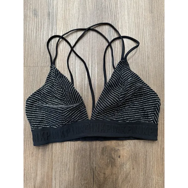 Victoria's Secret‎ Bra Medium Black Unlined Wirefree Silver Stripe Logo - Image 3
