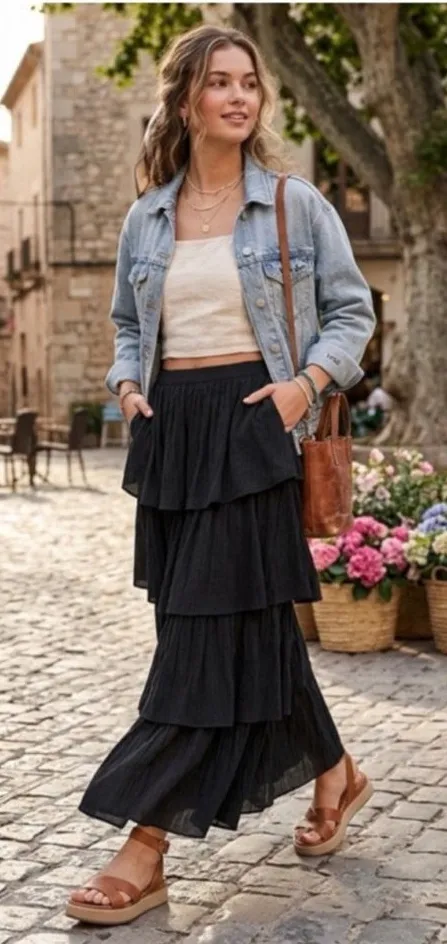 Abercrombie & Fitch Black Tiered Maxi Skirt - Image 3