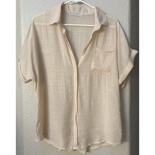 Jon & Anna Contemporary Cream Crinkle Gauze Blouse Relaxed Vacation Casual Sz XL - Image 2