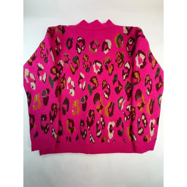 Entro Hot Pink Leopard Print Cardigan V-Neck Button Front Knit Sweater Womens M - Image 2