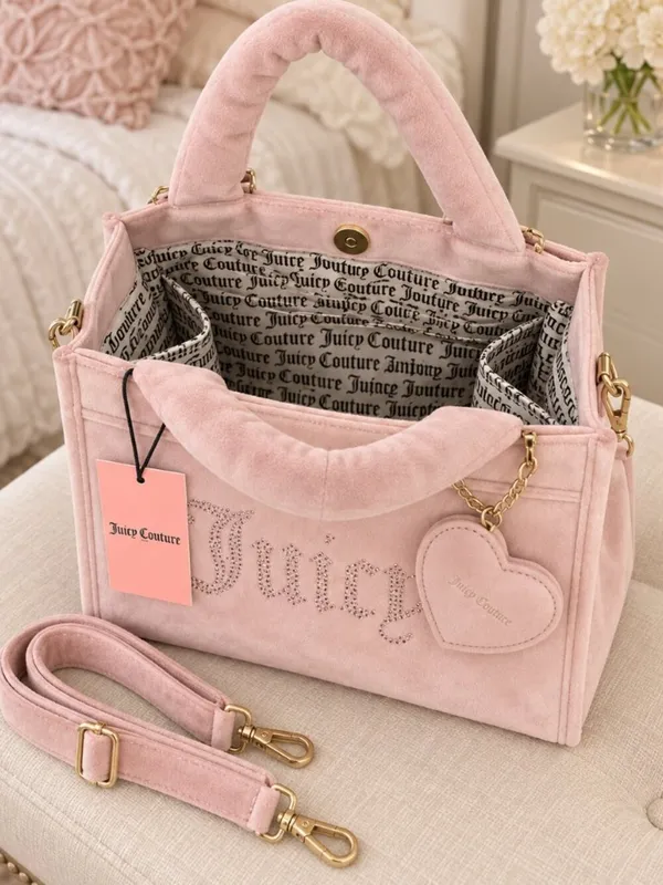 Juicy Couture Dusty Blush Velour Mini Tote Crossbody Heart Charm NWT - Image 4