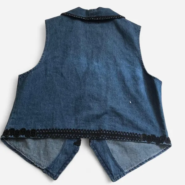 90s Vintage Western Embroidered navy blue jean denim jacket gilet vest black beading #countrychic #boho #indie Size M, Measurement in pics - Image 4