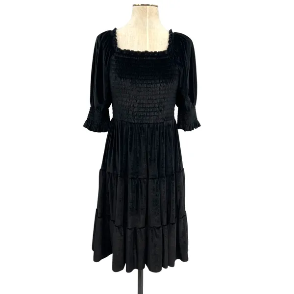 Baltic Born Bliss Smocked Velvet Dress Mini Tiered‎ Black Size Medium - Image 3