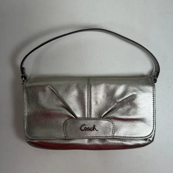 Coach Small Ashley Baguette Clutch Metallic Silver Leather Pleated Logo Y2K - Image 2
