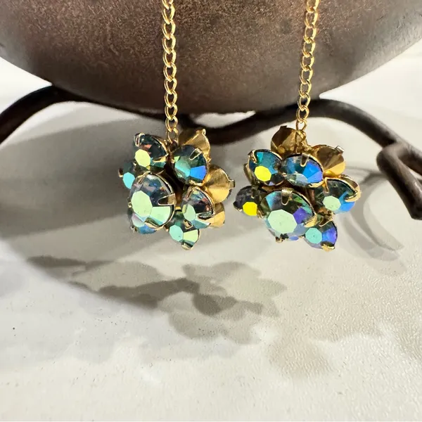 Gold Tone AB Crystal Drop Earrings | Vintage Style Chain Dangle Floral Cluster - Image 2