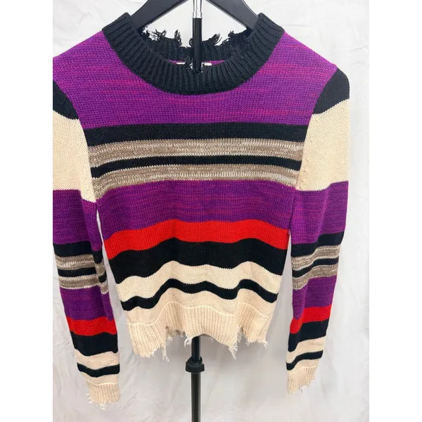 Lovers + Friends Destroyed Chunky Striped Knit Distressed Wool Cashmere Sweater - Image 3