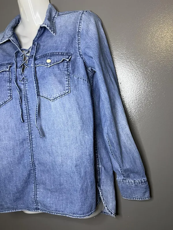 Madewell Blouse Womens XS Blue Chambray Lace Up Long Sleeve Tunic Top Denim - Image 4