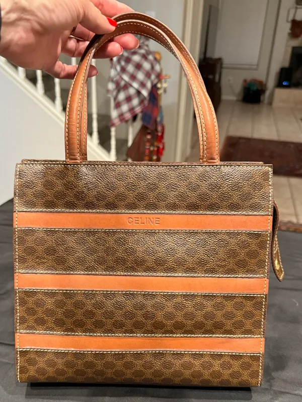 Vintage Celine Macadam MC96 Top Handle Tote Brown Coated Canvas Leather Stripes - Image 2