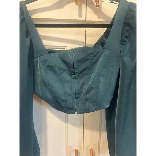 Urban Outfitters Teal Corset Puff Sleeve Crop Top Square Neck Hook Eye XS fairy - Image 3