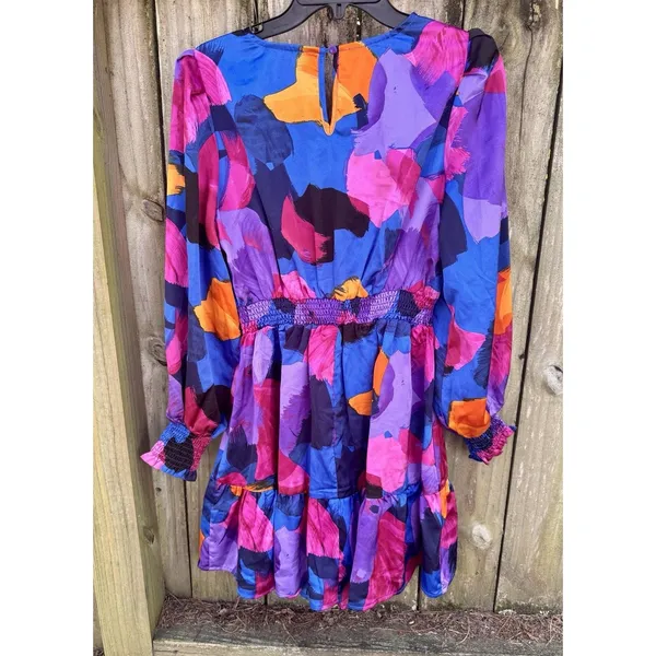 Entro Small Abstract Satin Mini Dress Women Bubble Hem and Sleeve Dance Party - Image 10
