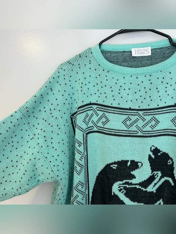 Vintage Honors Plus Teal Blue/Black Crewneck Bears and Polka Dot Sweater Size XL - Image 5