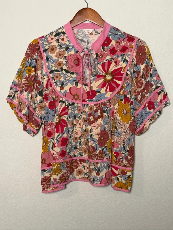 BiBi Medium Floral Boho Babydoll Blouse Pink Cottagecore Western Top Medium - Image 3