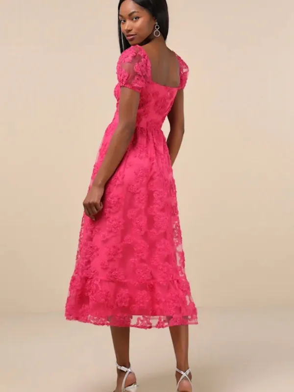 Lulu's Fuchsia Lace Midi Dress with Puff Sleeves - Image 2