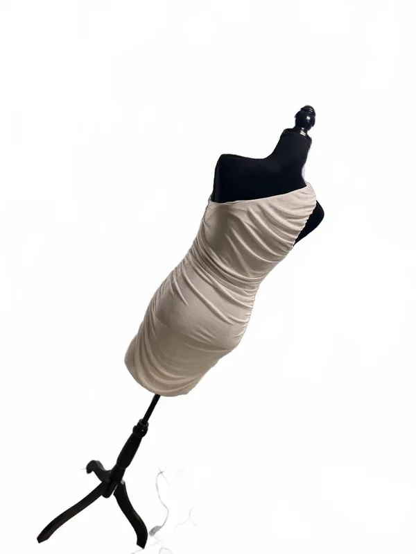 One Shoulder Ruched Bodycon Dress Champagne Beige Mini Cocktail Party Sz Large - Image 5