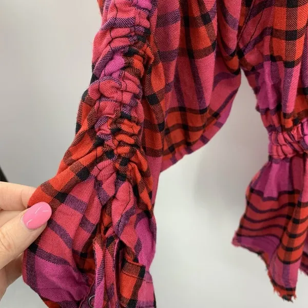 Anthro‎ We The Free People Size XS Shirt Pacific Dawn Red Pink Plaid Ruched NEW - Image 7