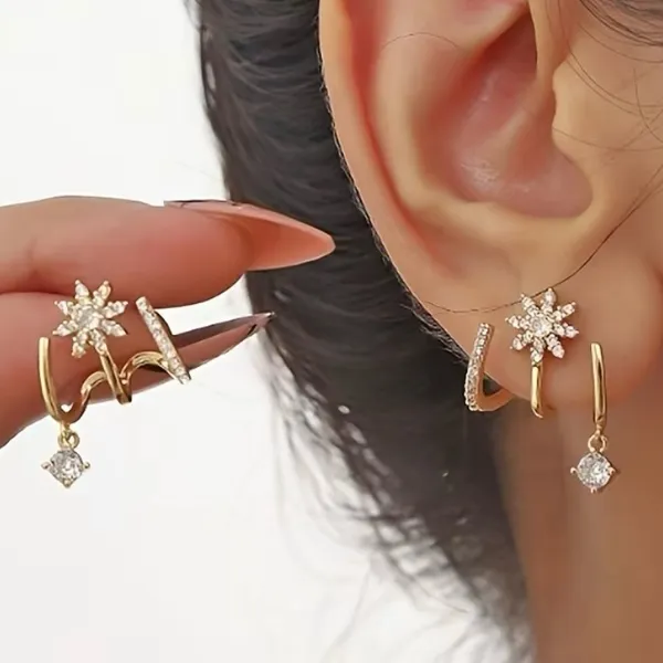 New Gold Tone Starburst and Crystal Drop Multi-Faux Hoop Earrings - Image 2