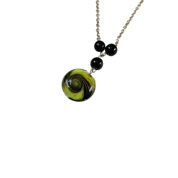 Handcrafted Silver Chain Black & Green Stone Beaded Long Necklace Single Clasp - Image 2
